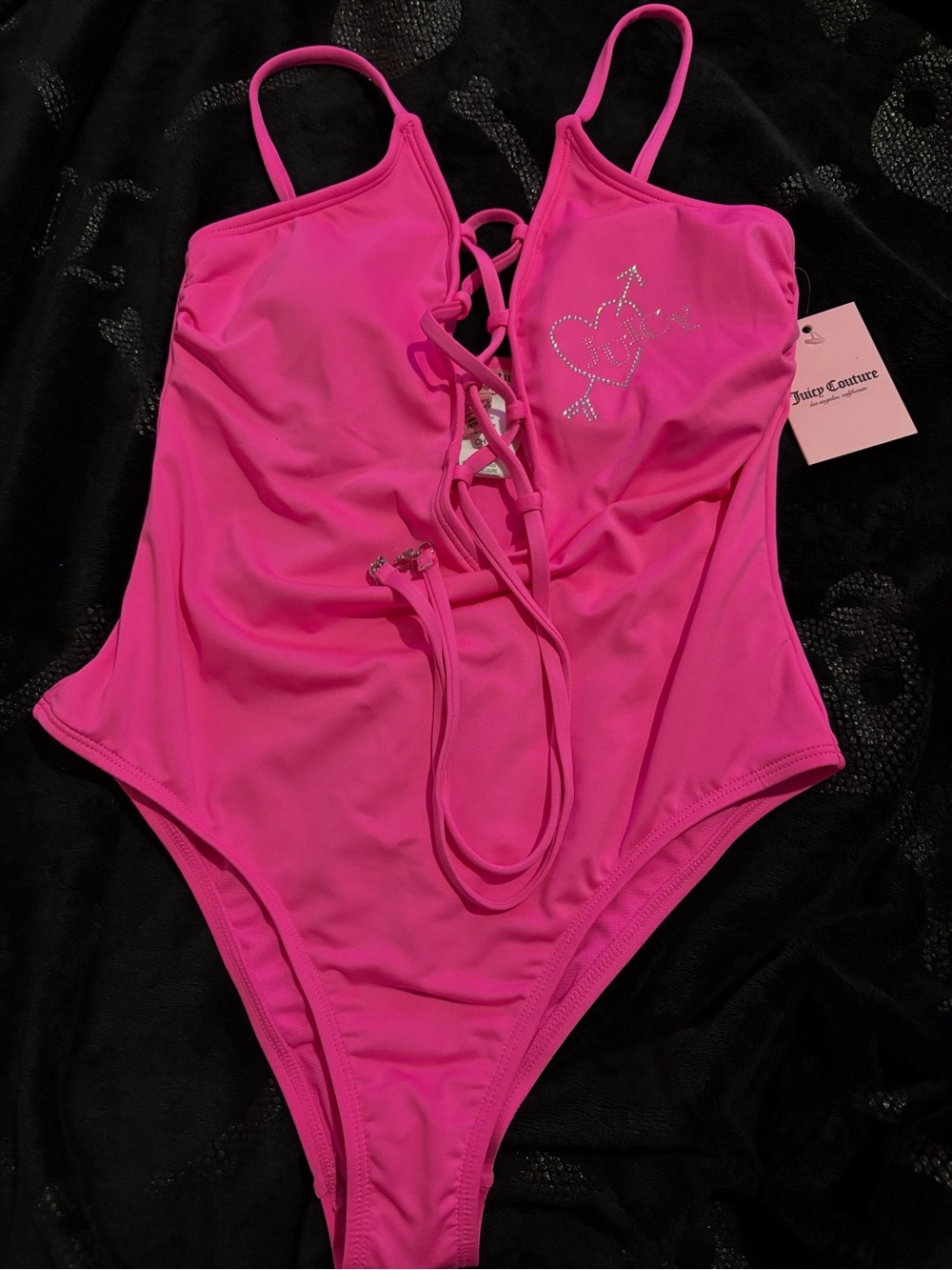 Juicy Couture Bright Pink Lace-Up One-Piece Swimsuit with Rhinestone Heart